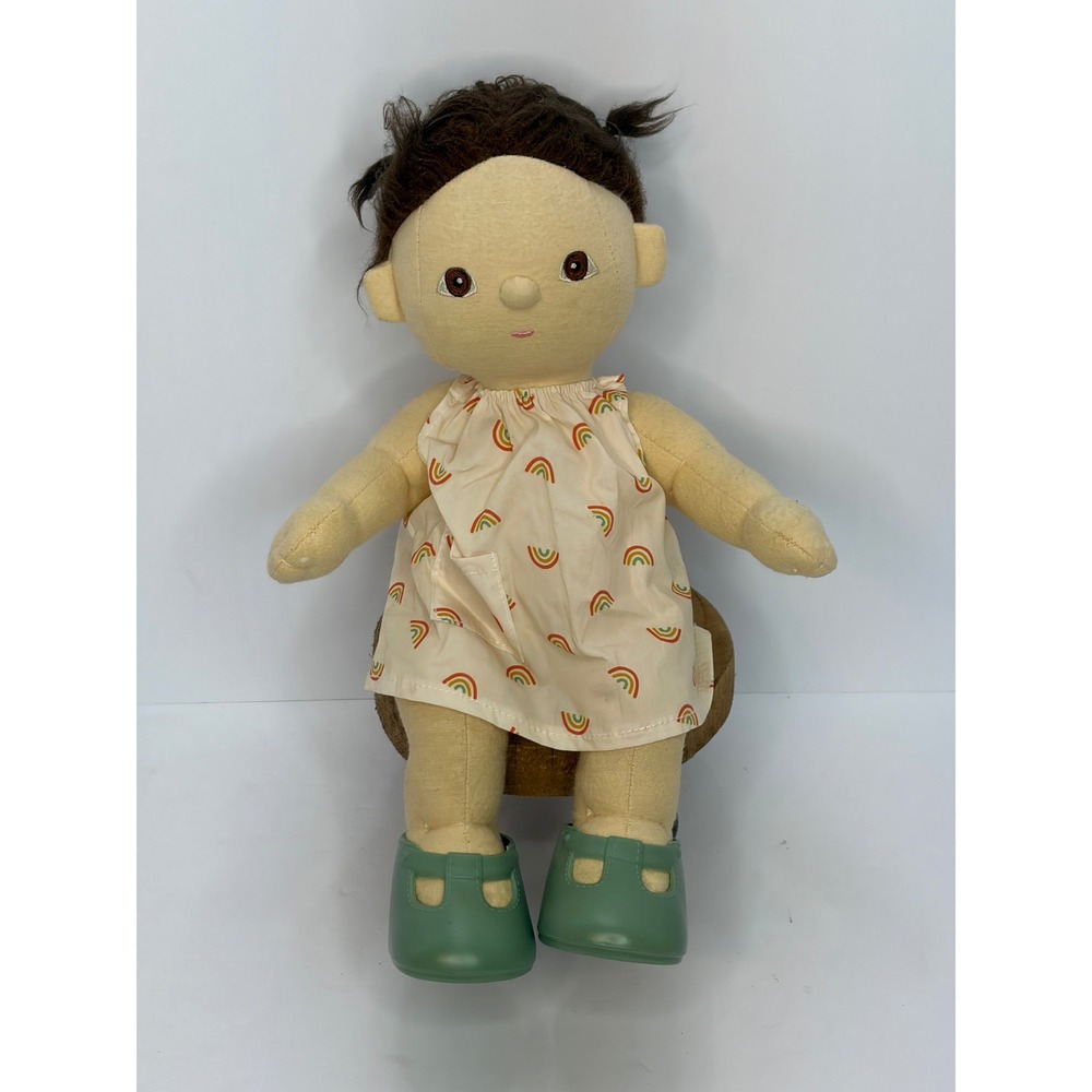 Olli Ella Dinkum Doll Roo Rainbow Dress Green Shoes Plush Brunette Pigtails 14"